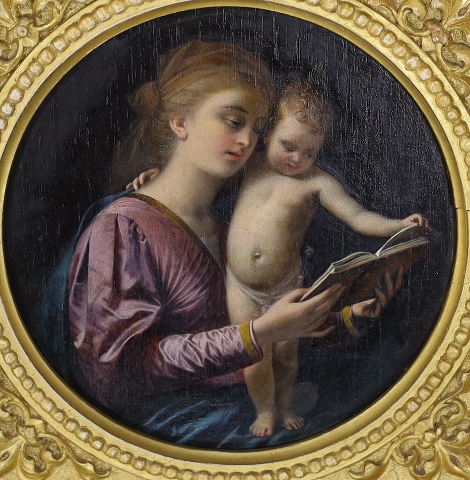 G. Bilancioni (Italian, 1836-1907), oil on cigar box panel, Mother and child reading a book, signed and dated 1874, tondo, 17cm